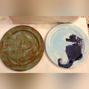New Anthropologie Ceramic Set of 2 "Nautical" Serving Plates/Platters 10" Dia.
